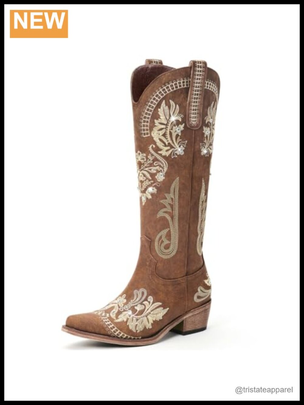 Knee High Cowgirl Boots Pointed Toe Chunky Heel Rhinestone Embroidered Wide